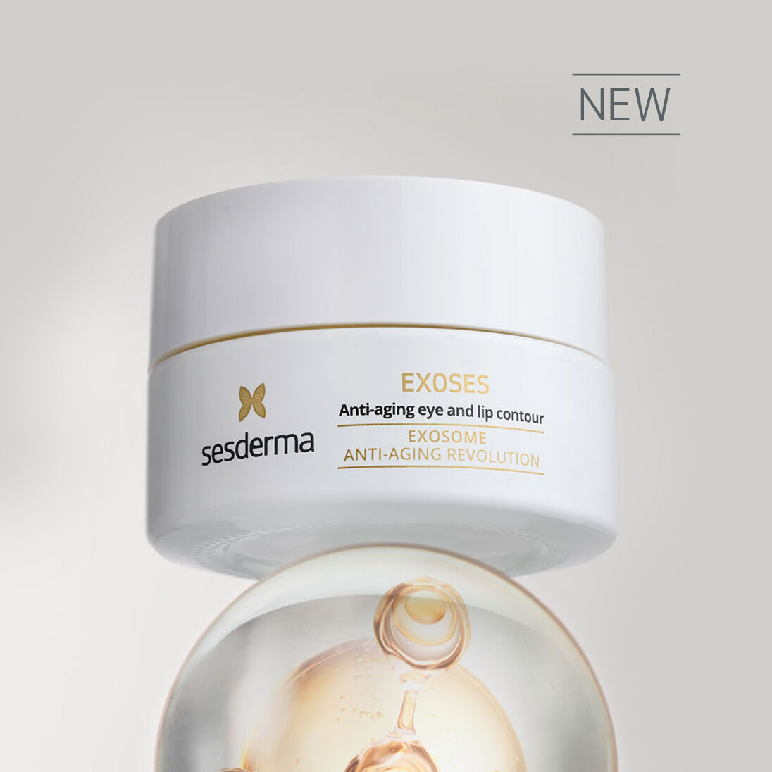 Jar of EXOSES Eye Contour by Sesderma on a golden transparent sphere
