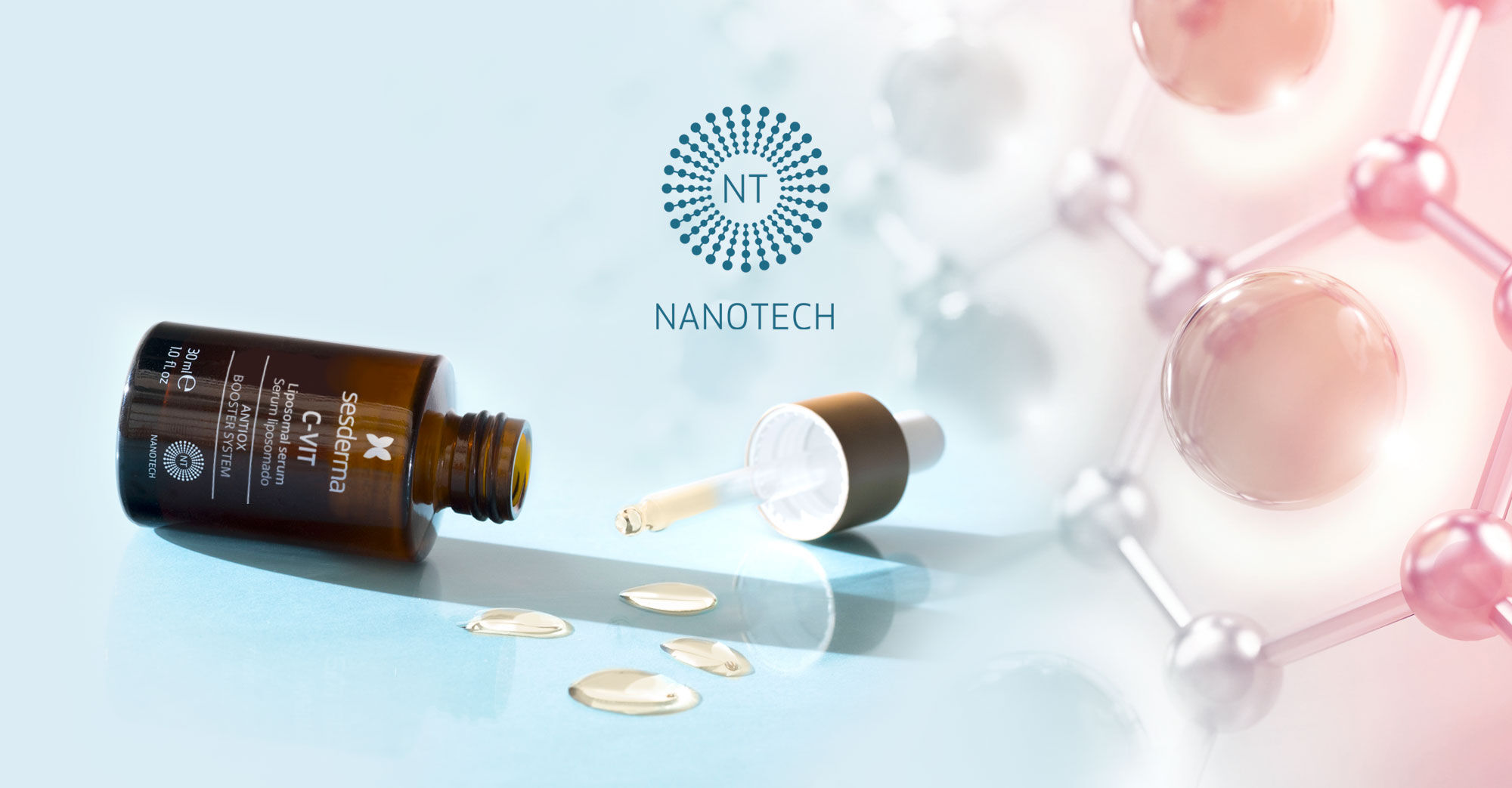 Imagen banner nanotecnología con un sérum tumbado abireto