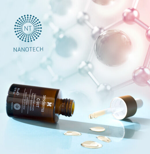 Imagen banner nanotecnología con un sérum tumbado abireto