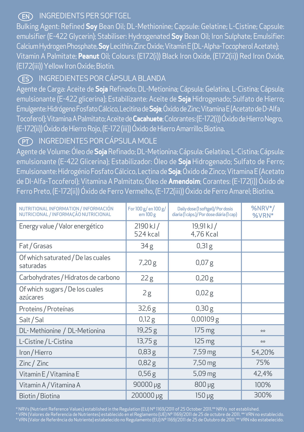 Cuadro nutricional Seskavel Plus